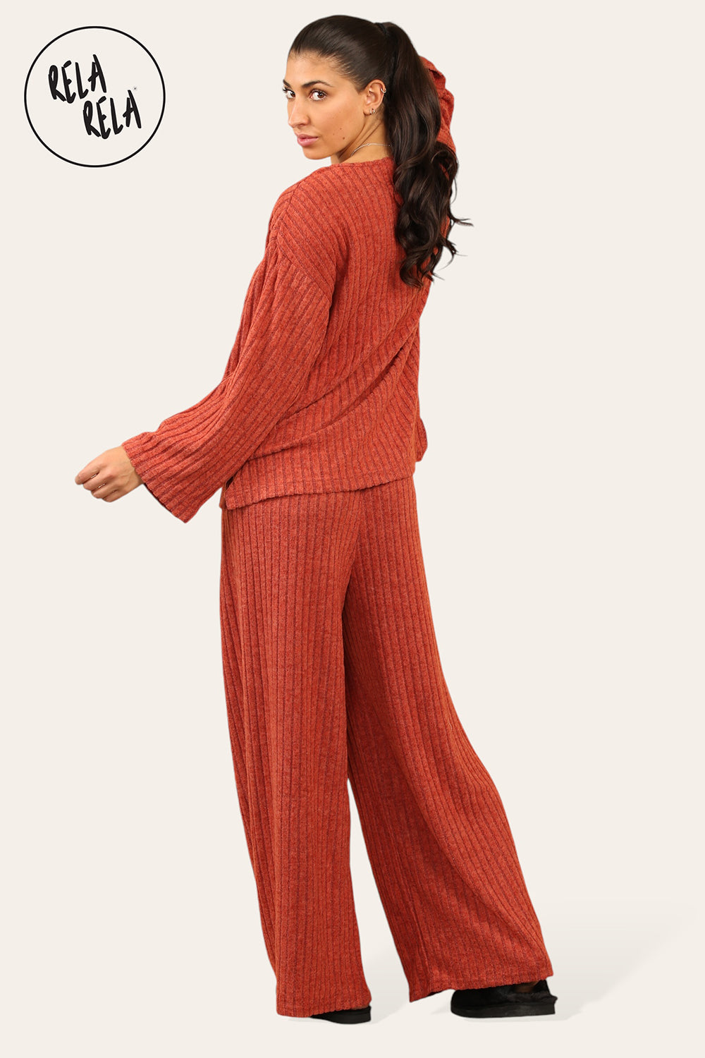 Ribbed Long Sleeve Co-Ord Set with Matching Top & Trousers in Rust