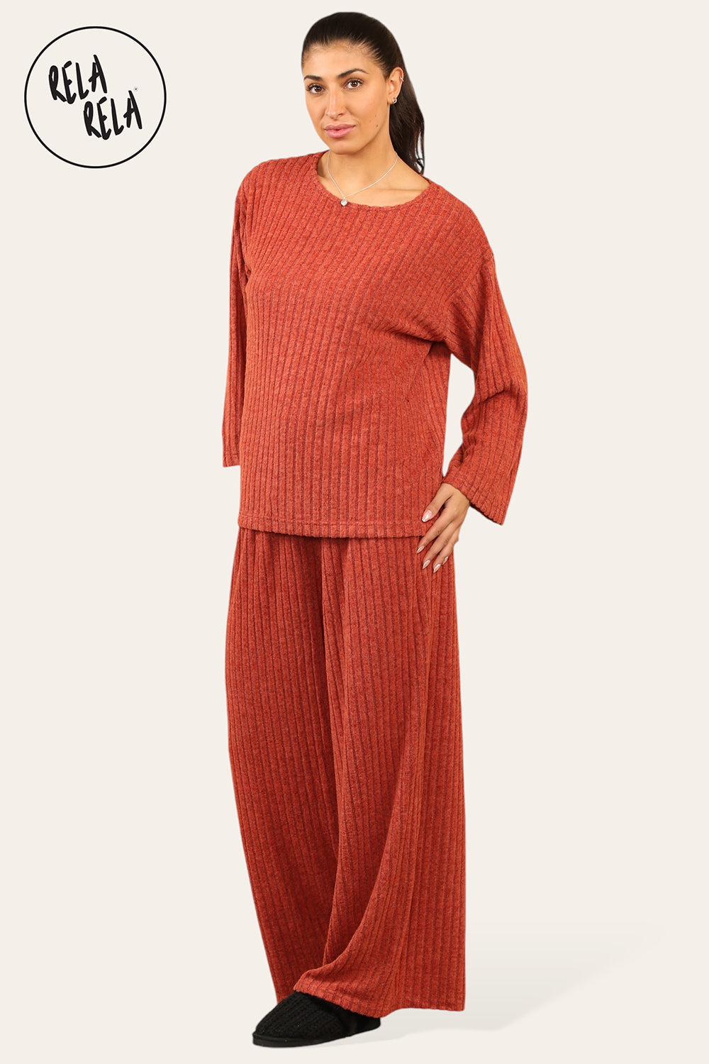 Ribbed Long Sleeve Co-Ord Set with Matching Top & Trousers in Rust