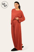Ribbed Long Sleeve Co-Ord Set with Matching Top & Trousers in Rust