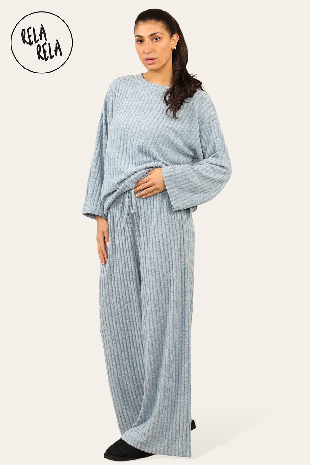Ribbed Long Sleeve Co-Ord Set with Matching Top & Trousers in Blue