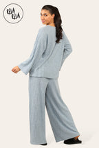 Ribbed Long Sleeve Co-Ord Set with Matching Top & Trousers in Blue