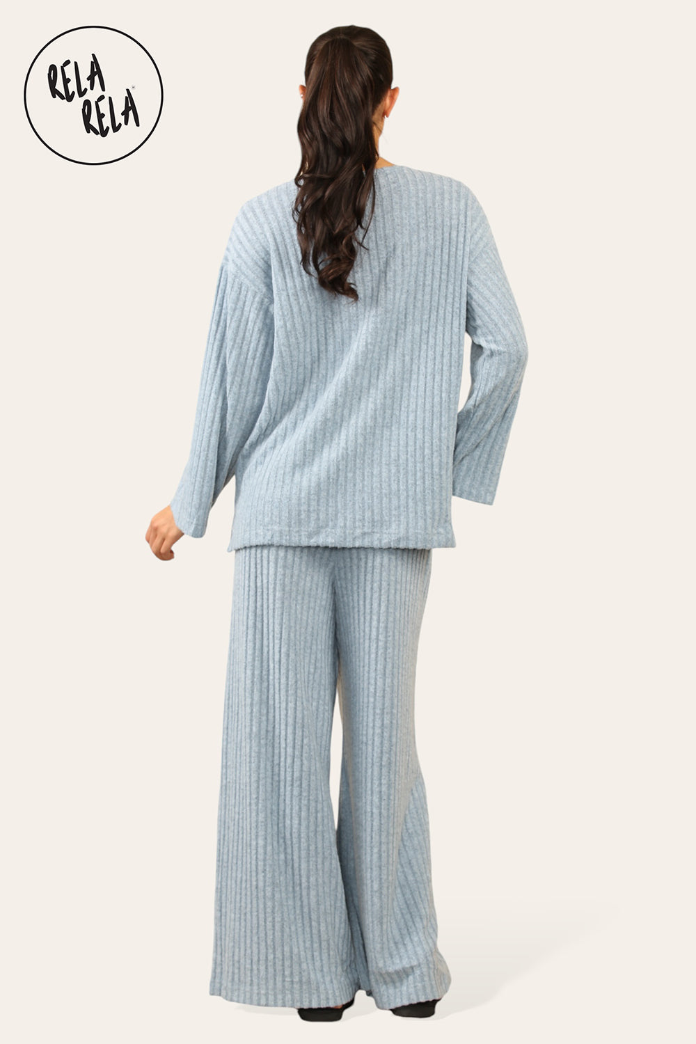 Ribbed Long Sleeve Co-Ord Set with Matching Top & Trousers in Blue