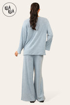 Ribbed Long Sleeve Co-Ord Set with Matching Top & Trousers in Blue