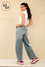 Petite Friendly Women's Stretchy Vintage Blue Mid Rise Barrel Jean Jeans