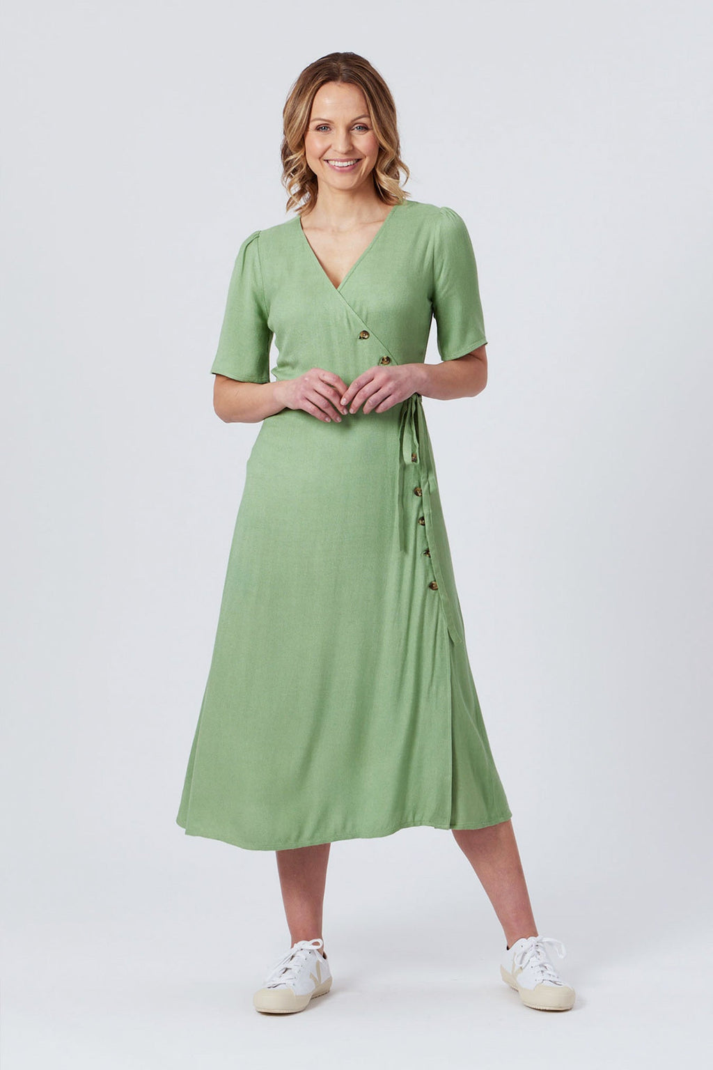 Lesley - Midi Button Wrap Dress - Green