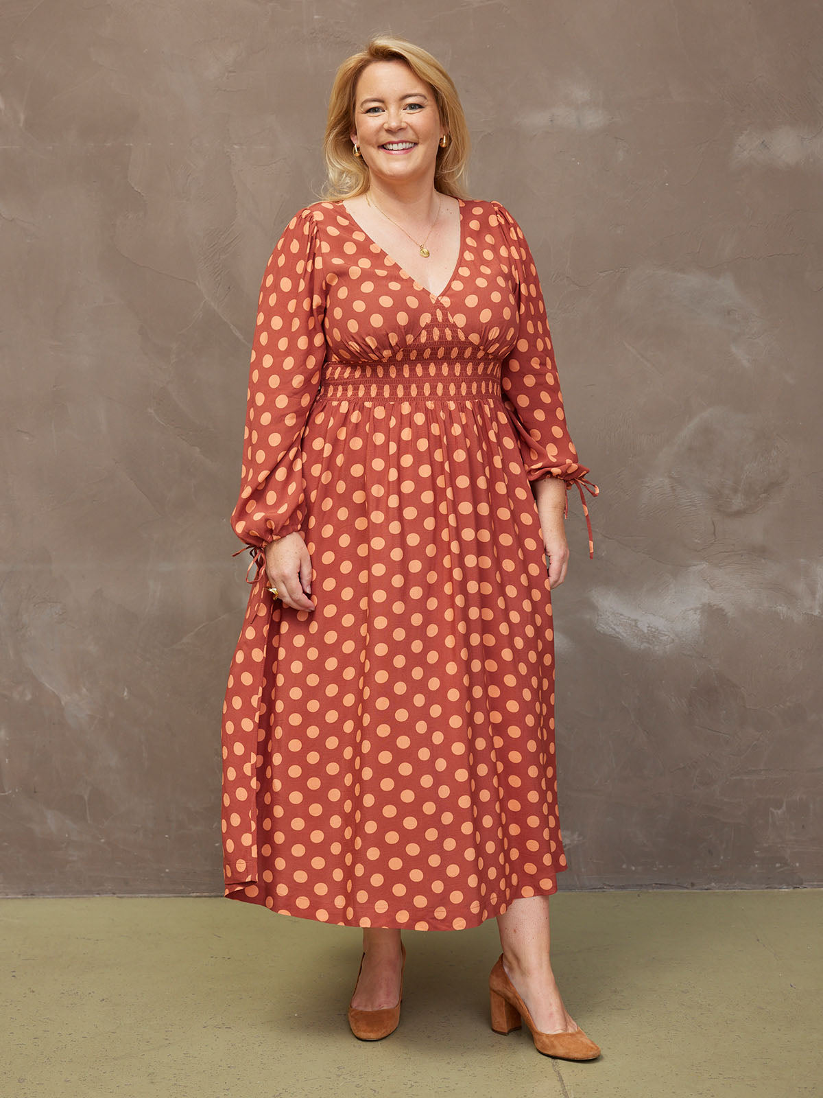 Maddie - V Neck Dress - Rust Spot Print