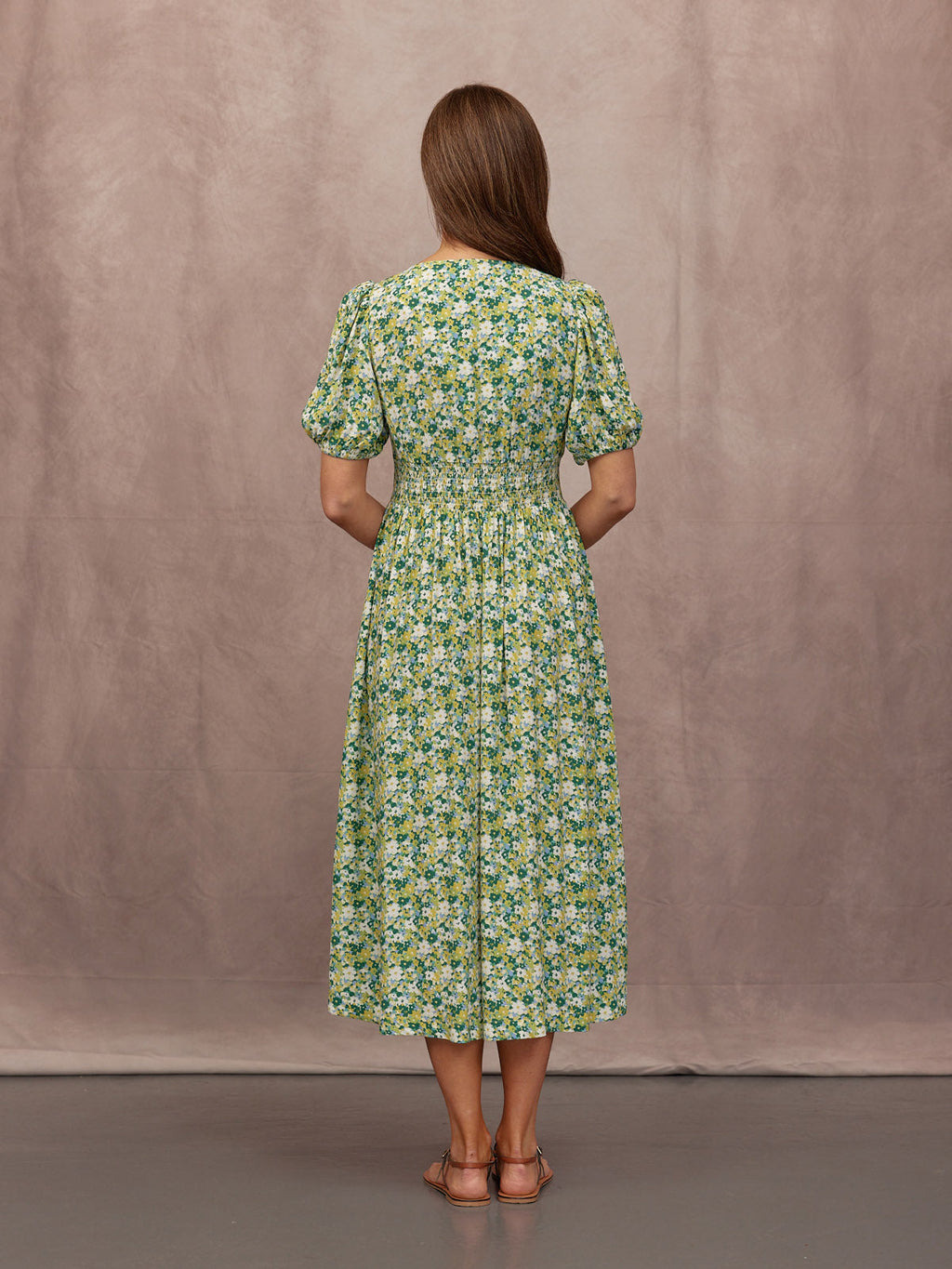 Maddie Short Blouson Sleeve Dress - Green Micro Floral Print