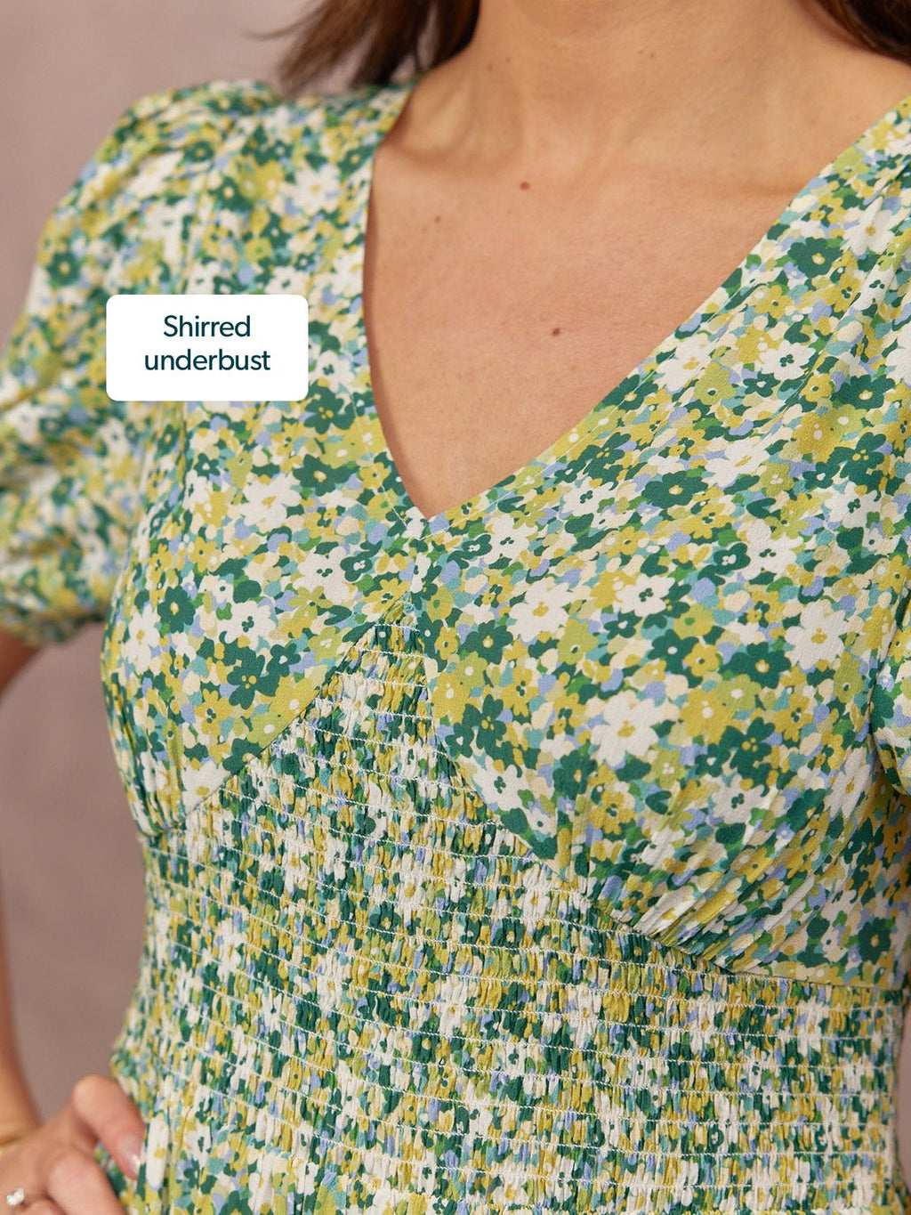 Maddie Short Blouson Sleeve Dress - Green Micro Floral Print