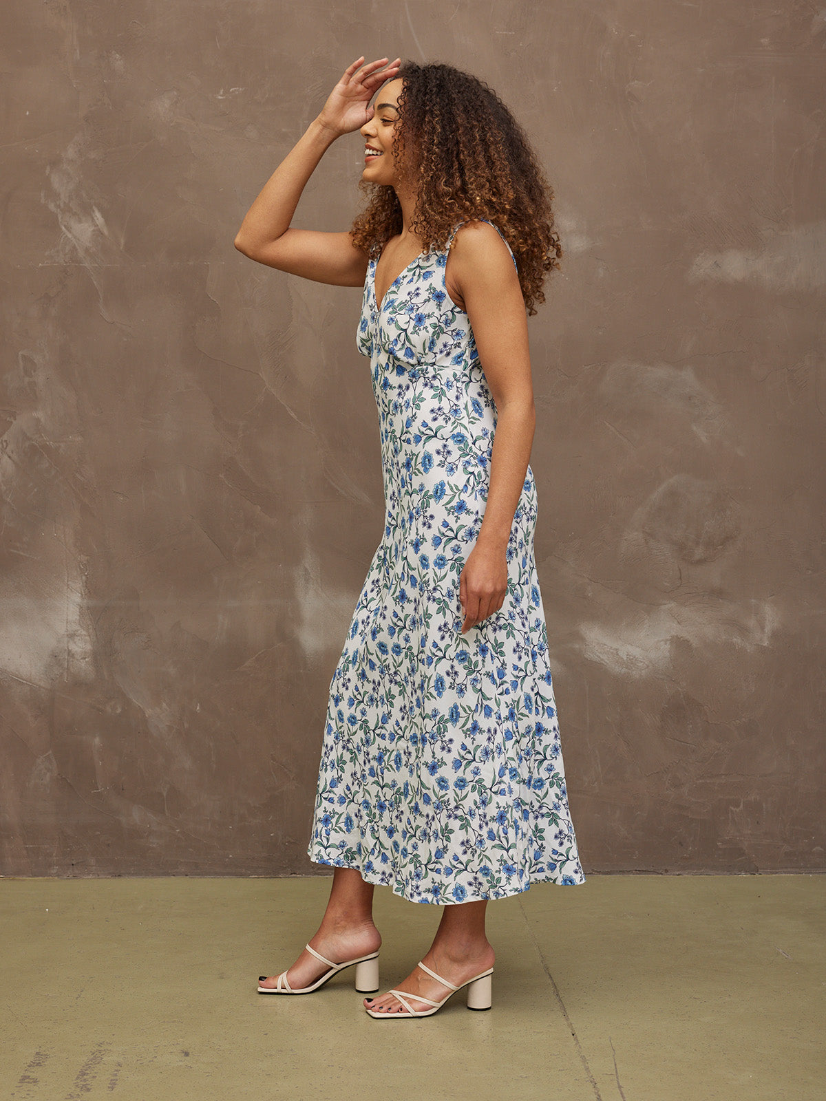 Mae - Bias Cut Dress - Blue & White Floral Print