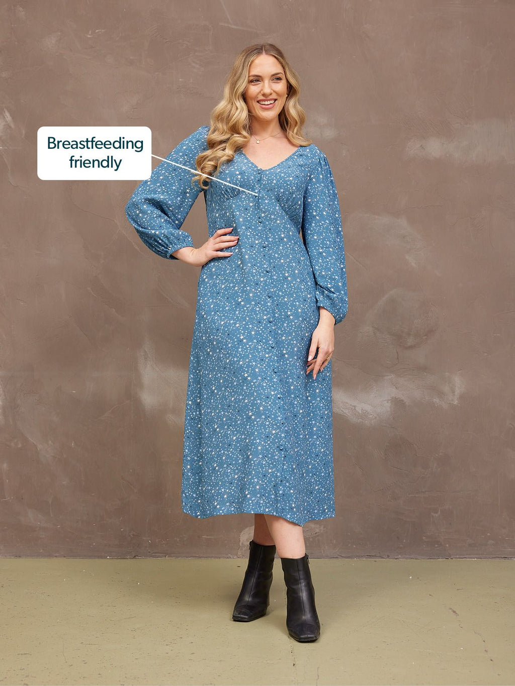Millie Button Front Dress - Blue Star Print