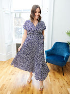 Nena - Pleated Dress - Navy Leaf Print