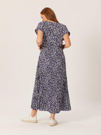 Nena - Pleated Dress - Navy Leaf Print