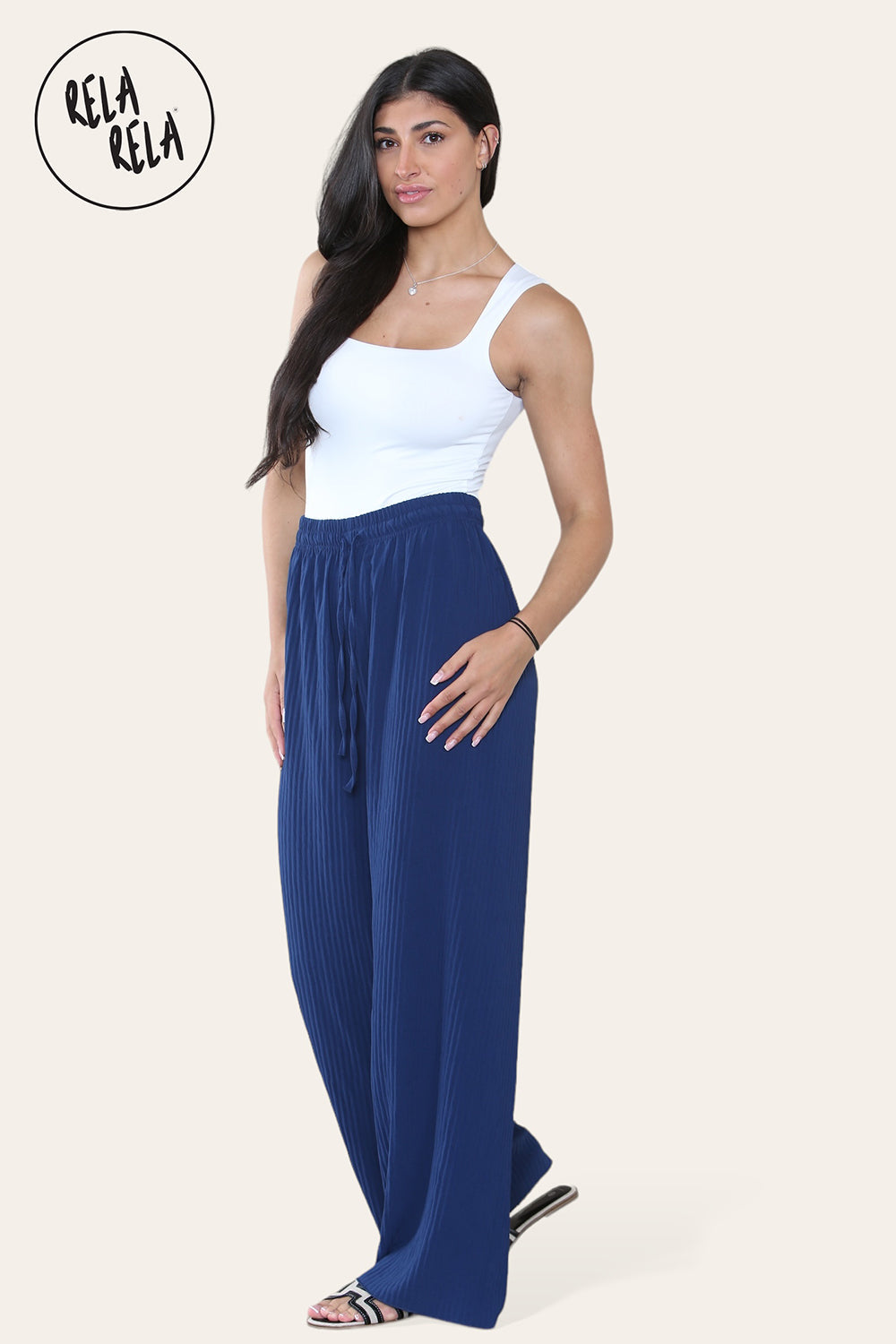Plisse Wide Leg Trousers with Drawstring in Navy