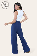 Plisse Wide Leg Trousers with Drawstring in Navy
