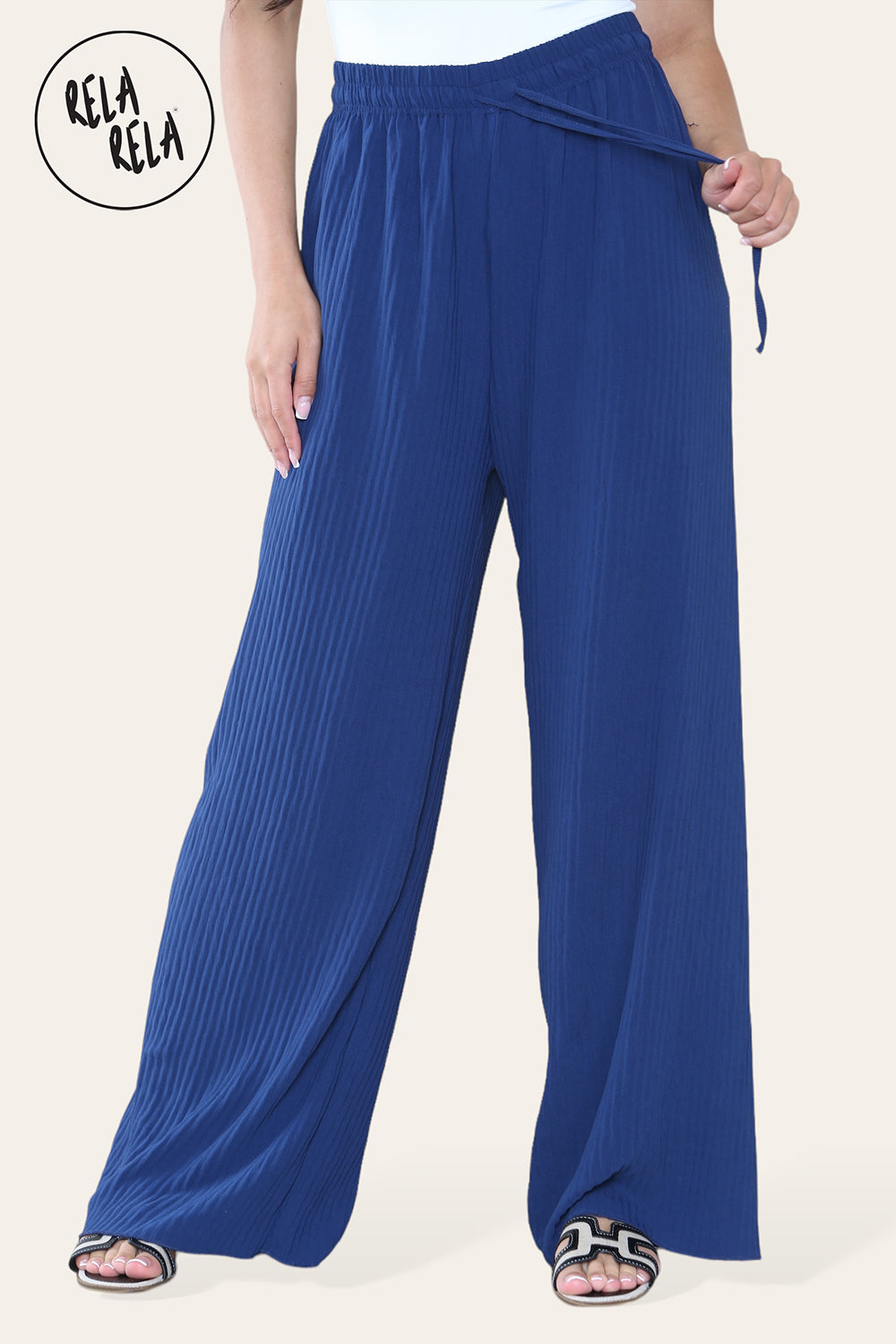 Plisse Wide Leg Trousers with Drawstring in Navy
