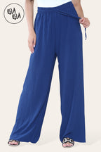 Plisse Wide Leg Trousers with Drawstring in Navy