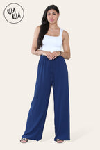 Plisse Wide Leg Trousers with Drawstring in Navy