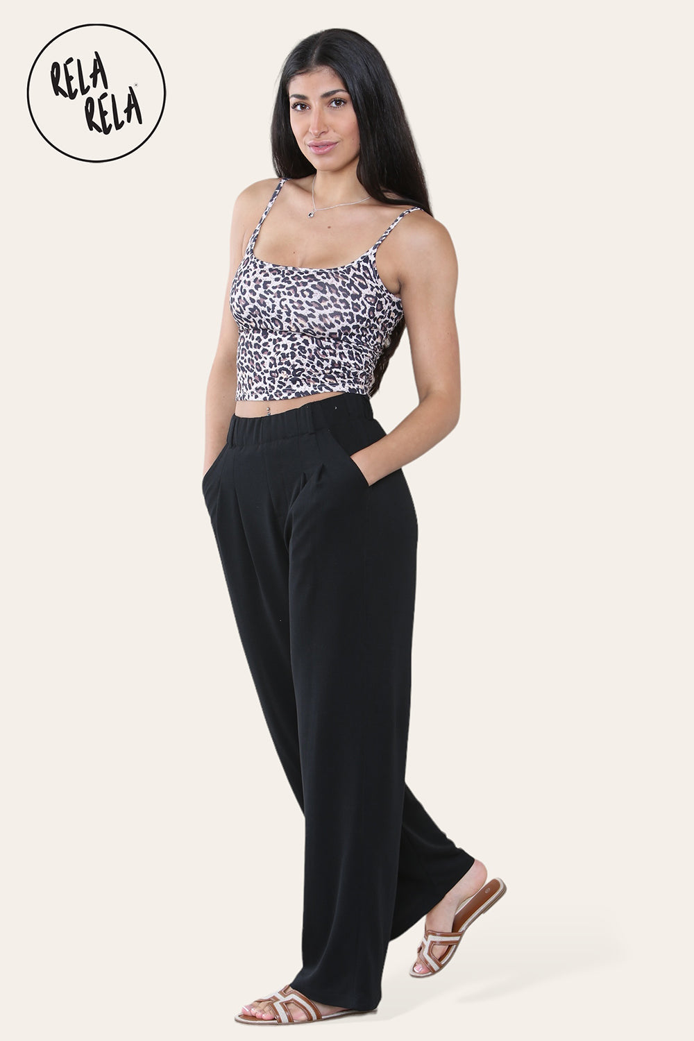 High Waisted Plicated Side Pocket Wide Leg Work Pants in Black