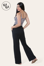 High Waisted Plicated Side Pocket Wide Leg Work Pants in Black