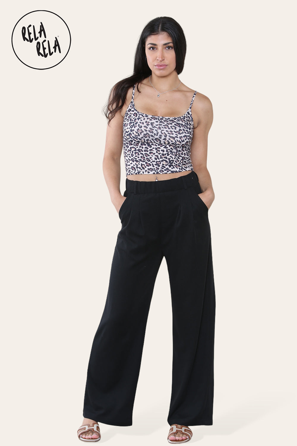 High Waisted Plicated Side Pocket Wide Leg Work Pants in Black