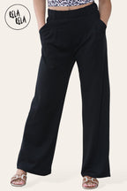 High Waisted Plicated Side Pocket Wide Leg Work Pants in Black
