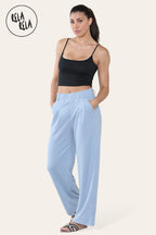 High Waisted Plicated Side Pocket Wide Leg Work Pants in Blue