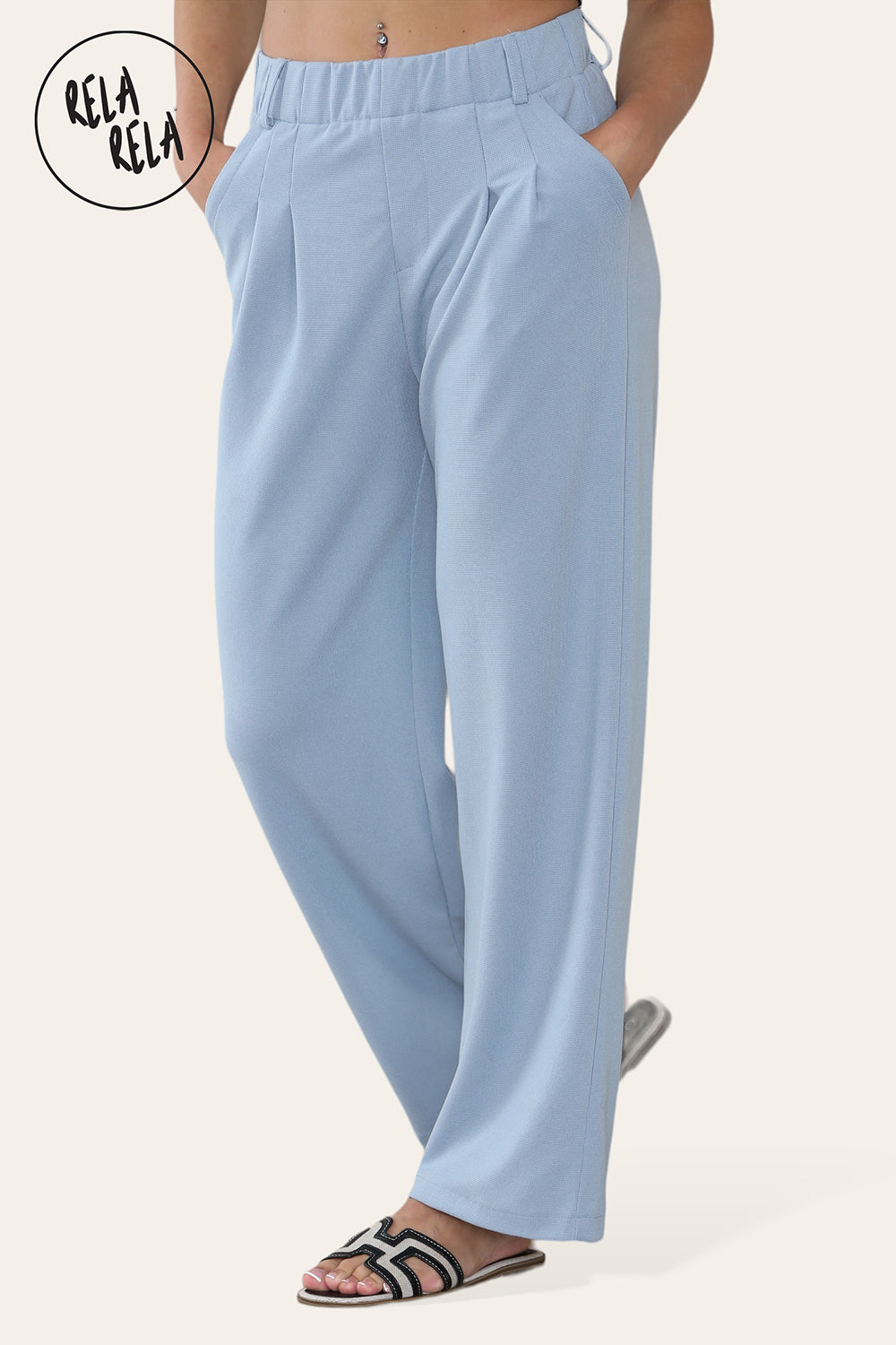 High Waisted Plicated Side Pocket Wide Leg Work Pants in Blue