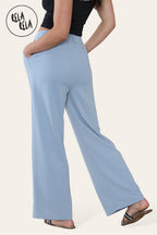 High Waisted Plicated Side Pocket Wide Leg Work Pants in Blue