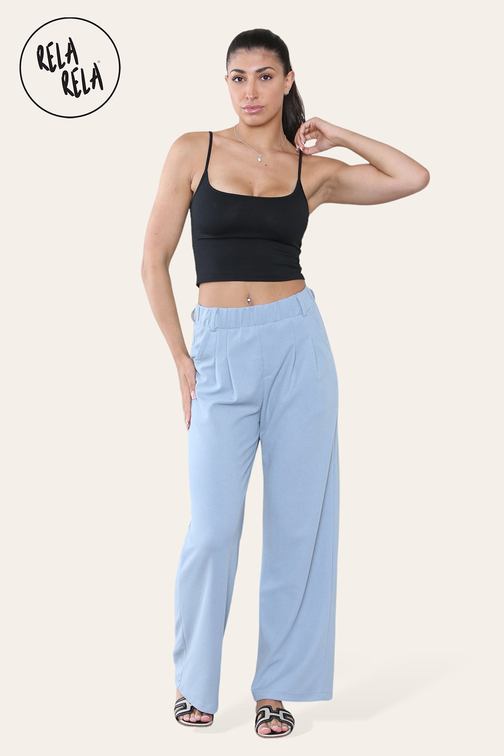 High Waisted Plicated Side Pocket Wide Leg Work Pants in Blue