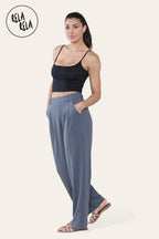 High Waisted Plicated Side Pocket Wide Leg Work Pants in Charcoal