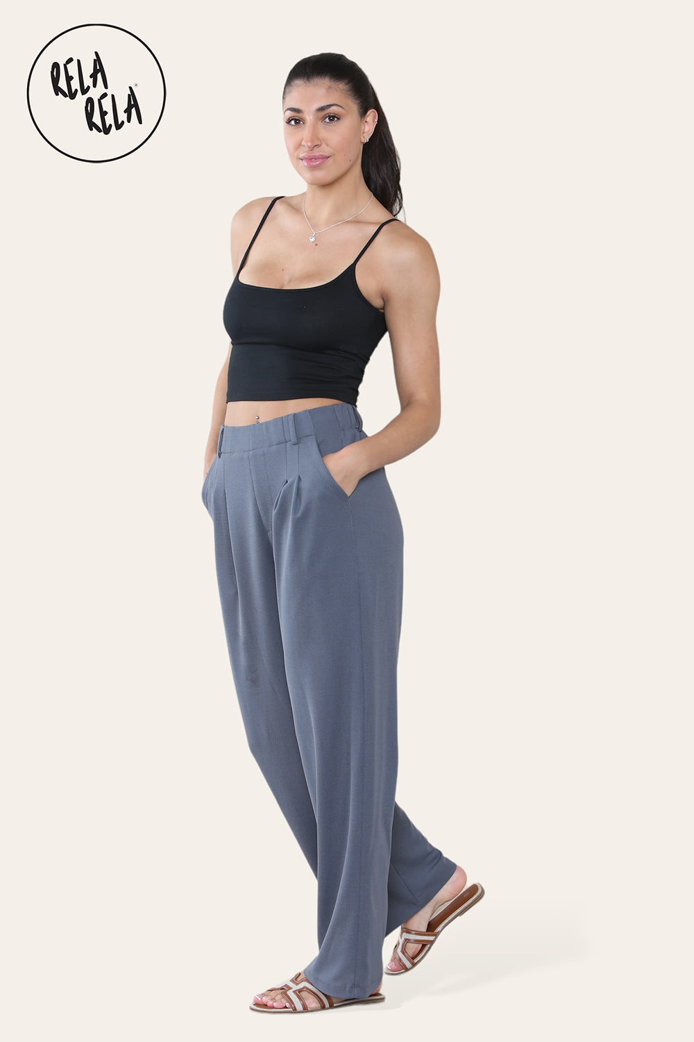 High Waisted Plicated Side Pocket Wide Leg Work Pants in Charcoal