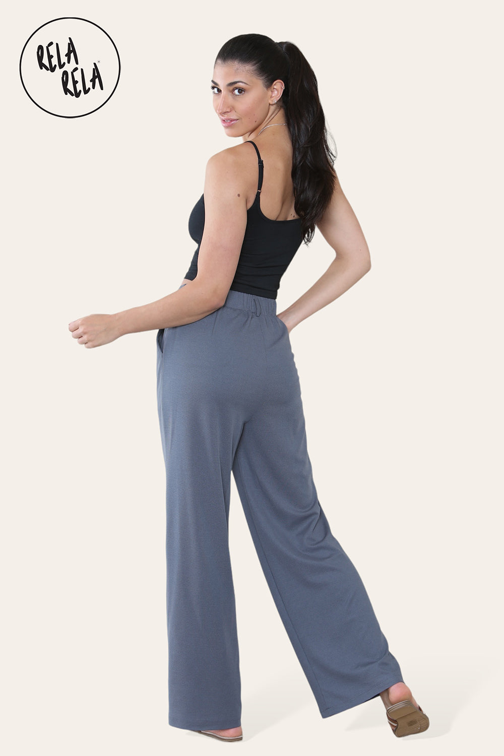 High Waisted Plicated Side Pocket Wide Leg Work Pants in Charcoal