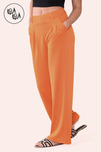 High Waisted Plicated Side Pocket Wide Leg Work Pants in Orange