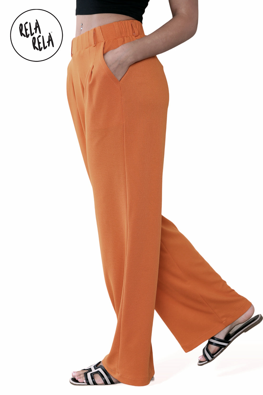 High Waisted Plicated Side Pocket Wide Leg Work Pants in Orange