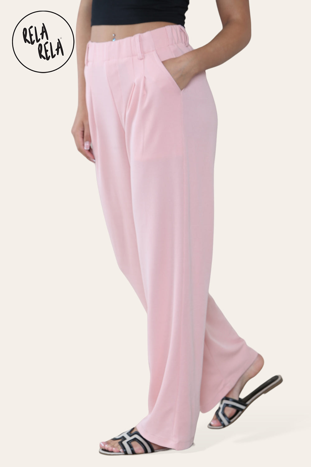 High Waisted Plicated Side Pocket Wide Leg Work Pants in Rose Pink