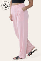 High Waisted Plicated Side Pocket Wide Leg Work Pants in Rose Pink