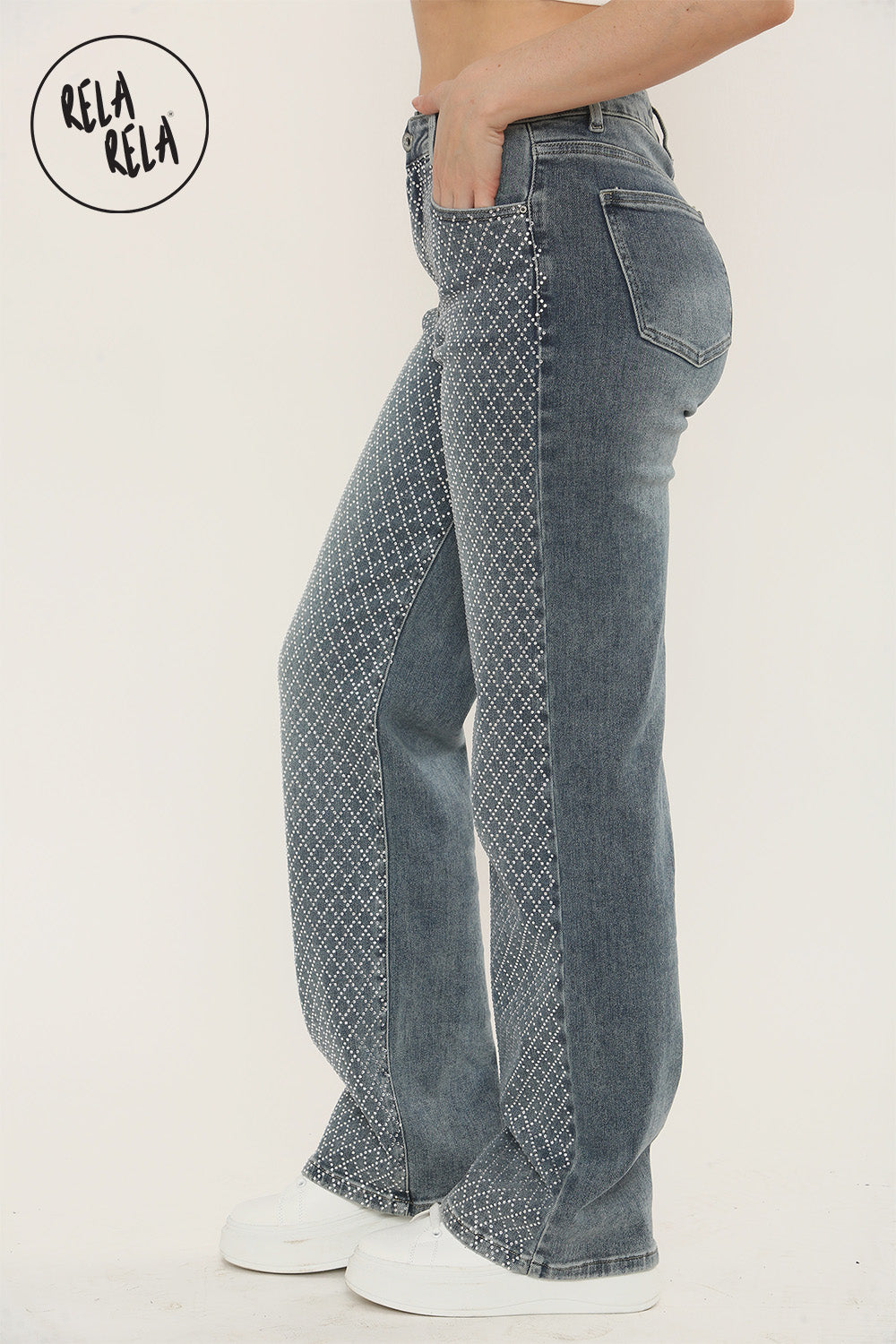 Viral Stretchy Diamond-Pattern Rhinestone Wide Leg Jeans in Denim Blue