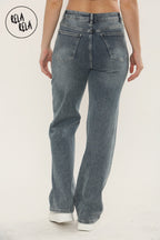 Viral Stretchy Diamond-Pattern Rhinestone Wide Leg Jeans in Denim Blue