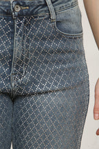 Viral Stretchy Diamond-Pattern Rhinestone Wide Leg Jeans in Denim Blue