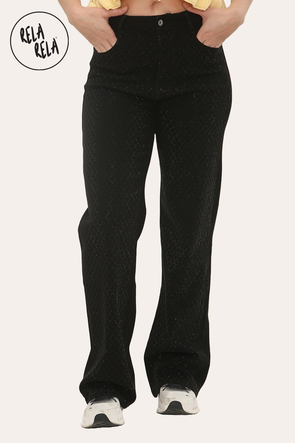 Viral Stretchy Diamond-Pattern Rhinestone Wide Leg Jeans in Black