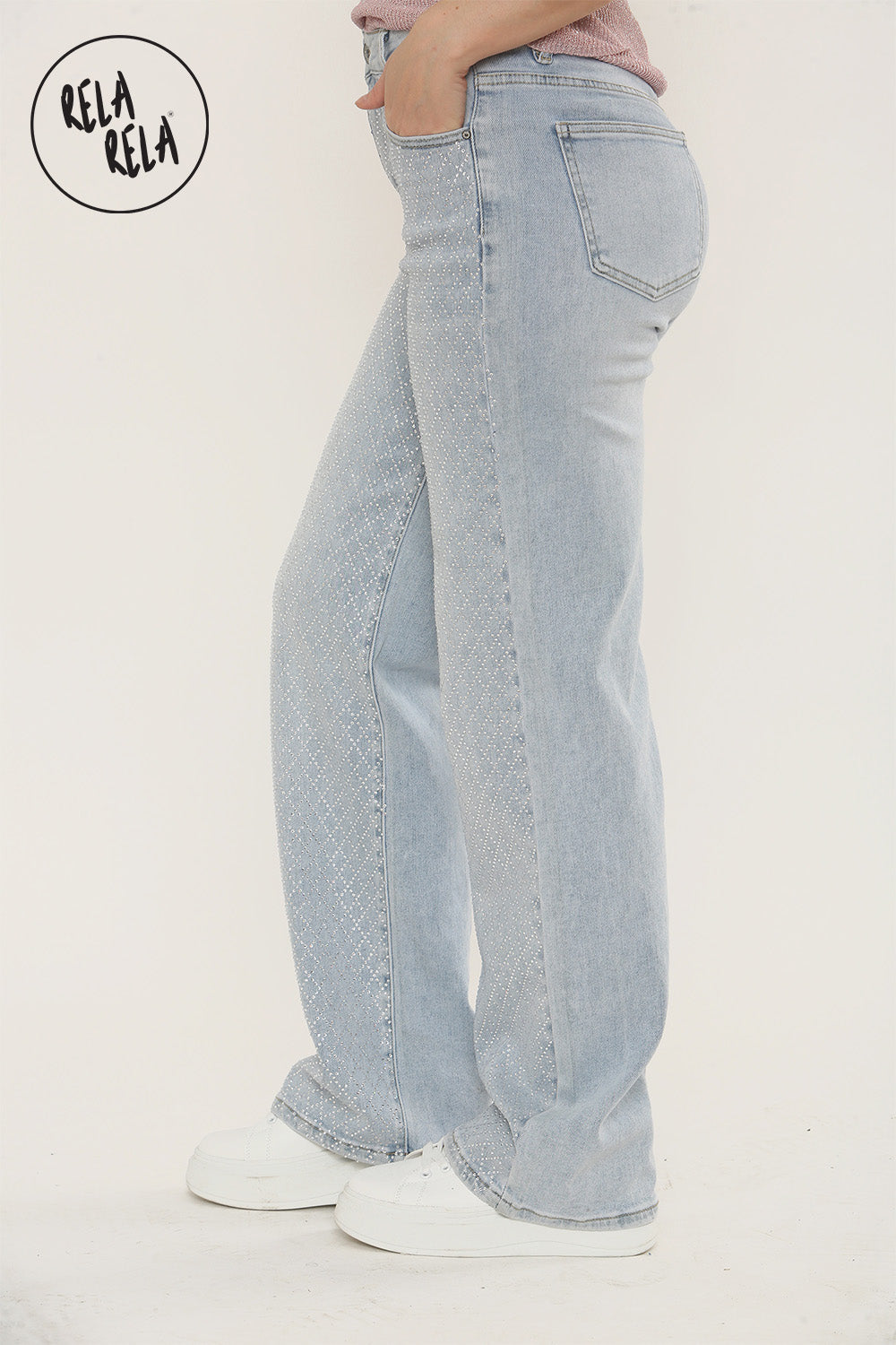 Viral Stretchy Diamond-Pattern Rhinestone Wide Leg Jeans in Light Blue