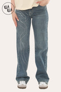 Viral Stretchy Relaxed Mid-Waist Rhinestone Bow Detail Jeans in Denim Blue