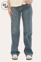 Viral Stretchy Relaxed Mid-Waist Rhinestone Bow Detail Jeans in Denim Blue