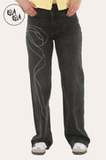 Viral Stretchy Relaxed Mid-Waist Rhinestone Bow Detail Jeans in Charcoal
