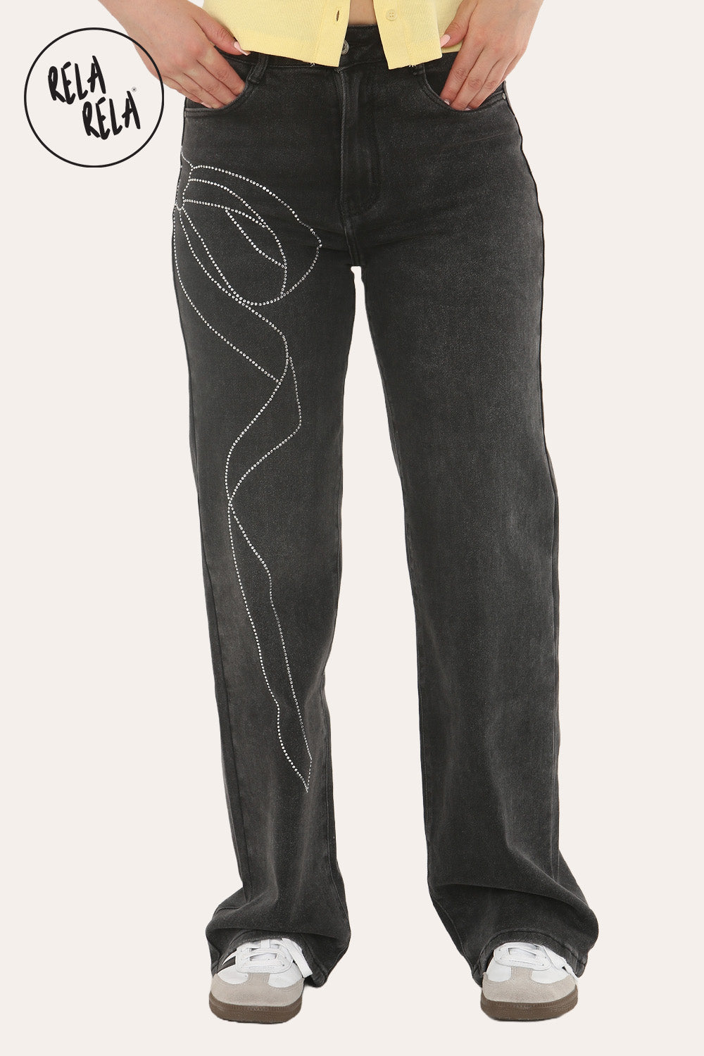 Viral Stretchy Relaxed Mid-Waist Rhinestone Bow Detail Jeans in Charcoal