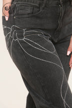 Viral Stretchy Relaxed Mid-Waist Rhinestone Bow Detail Jeans in Charcoal