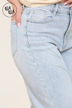 Viral Stretchy Relaxed Mid-Waist Rhinestone Bow Detail Jeans in Light Blue