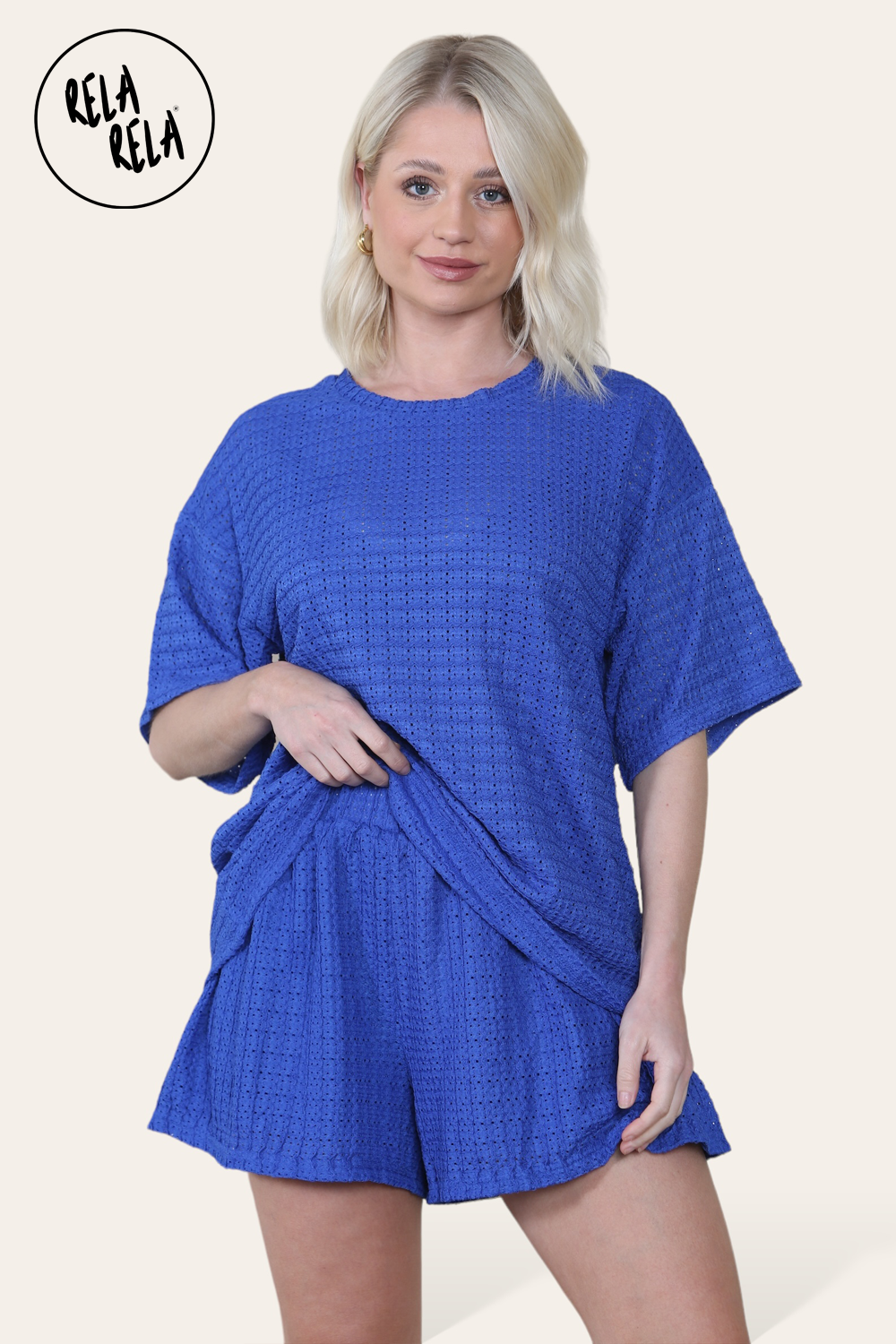 Oversized Crochet T-Shirt & Shorts Co-Ord Set in Royal Blue
