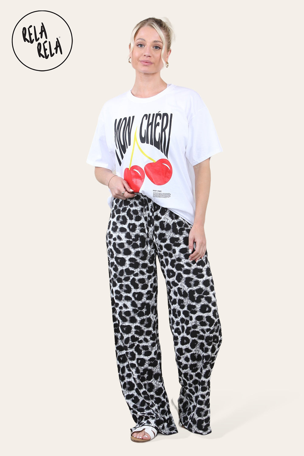 Plisse Wide Leg Trousers with Drawstring in White Leopard Print
