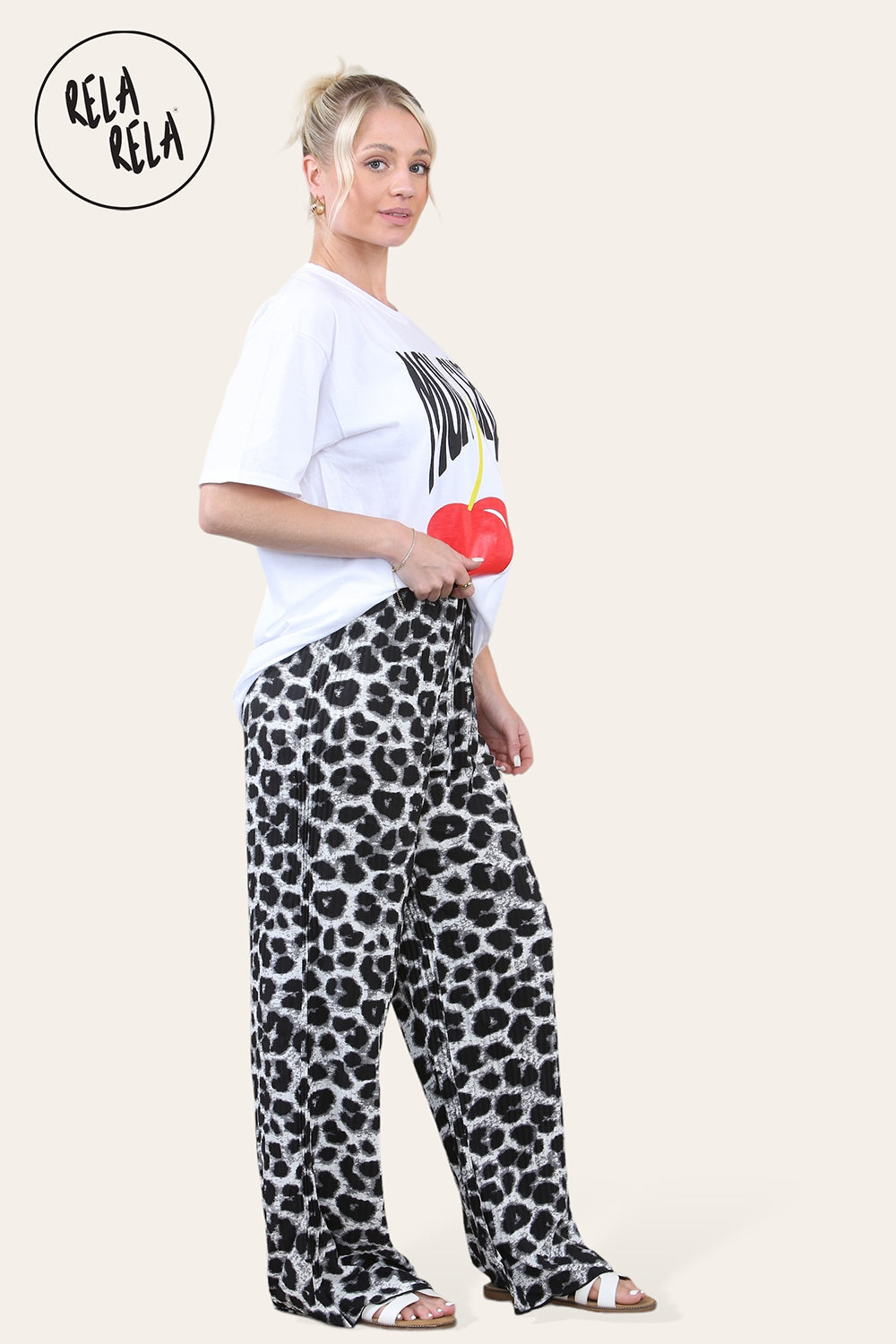 Plisse Wide Leg Trousers with Drawstring in White Leopard Print